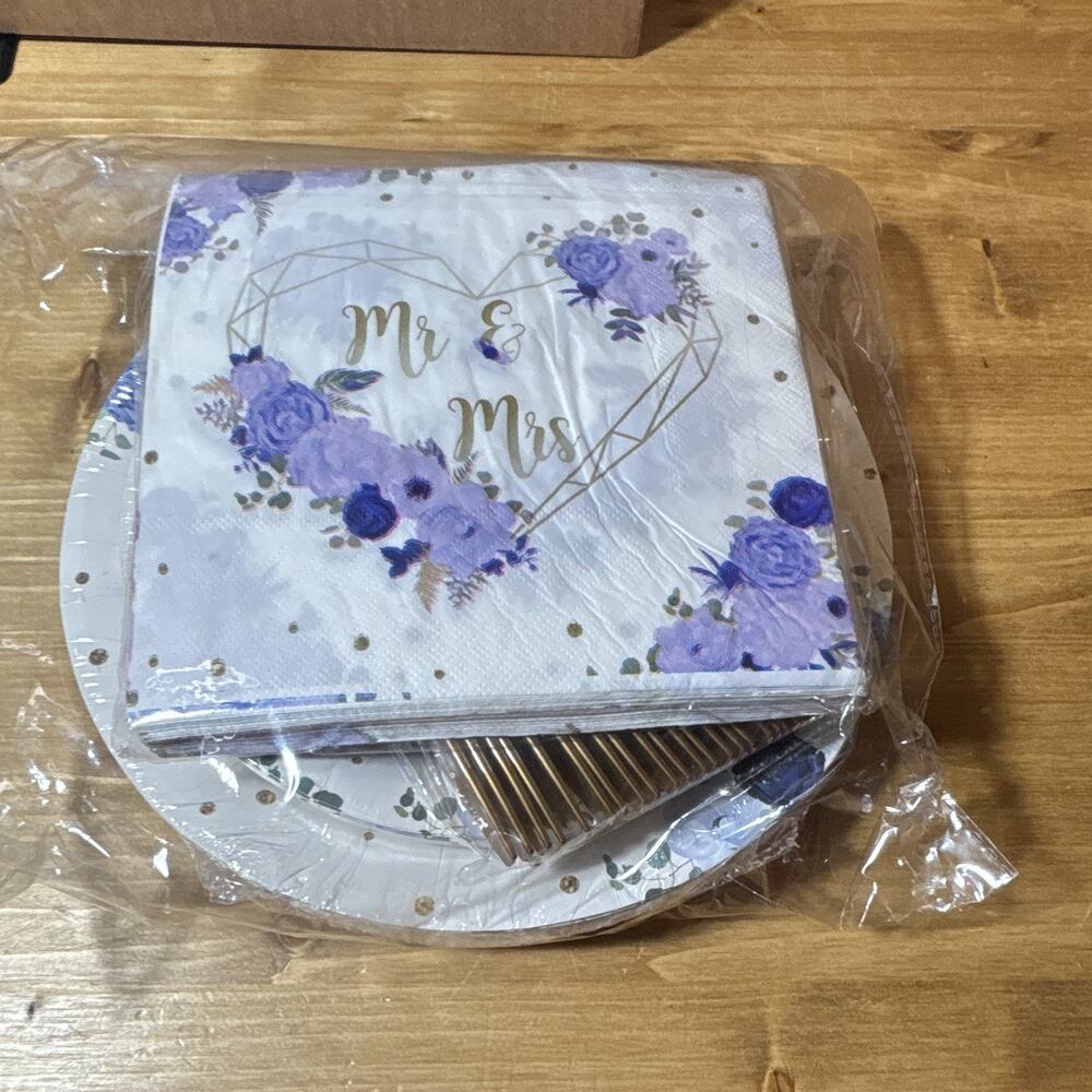 24Pcs Mr & Mrs Bridal Shower Party Tableware Set Blue White Gold Floral